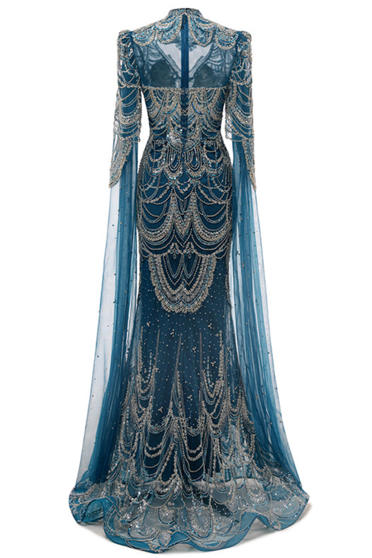 High neck Ink Blue Long sleeves Beaded Mermaid Evening Dresses-BallBride