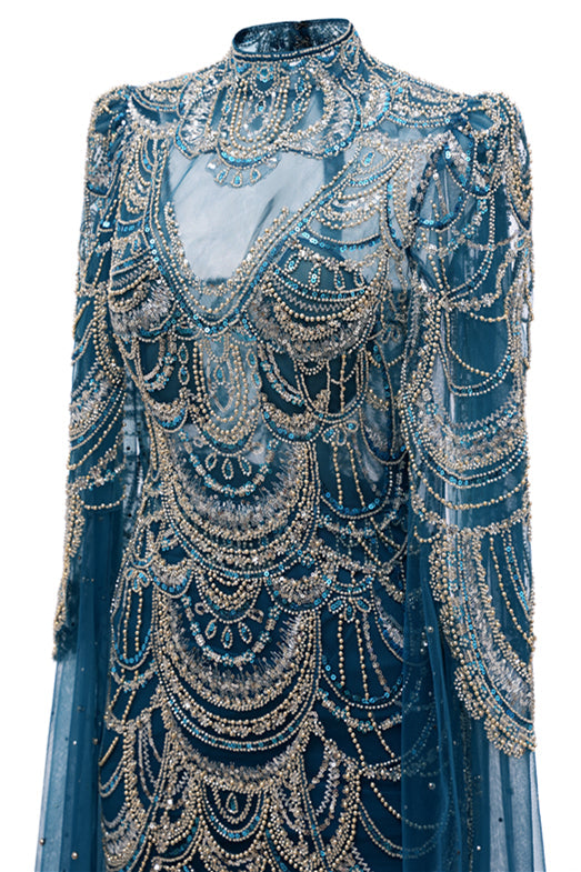 High neck Ink Blue Long sleeves Beaded Mermaid Evening Dresses-BallBride