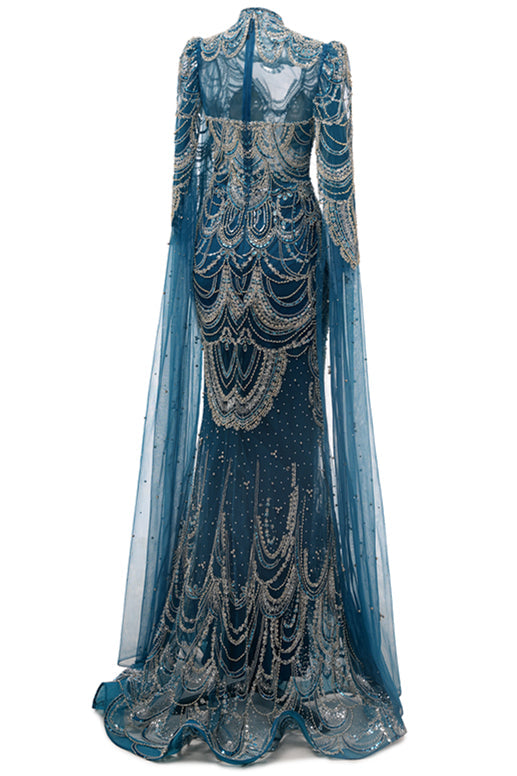 High neck Ink Blue Long sleeves Beaded Mermaid Evening Dresses-BallBride
