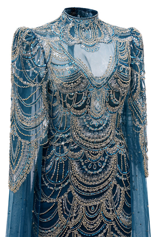 High neck Ink Blue Long sleeves Beaded Mermaid Evening Dresses-BallBride