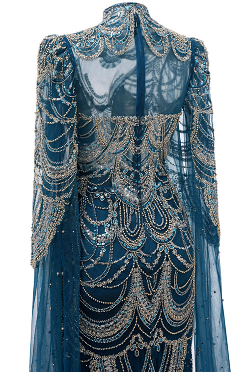 High neck Ink Blue Long sleeves Beaded Mermaid Evening Dresses-BallBride