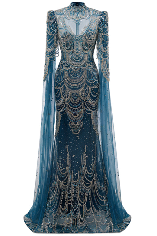 High neck Ink Blue Long sleeves Beaded Mermaid Evening Dresses-BallBride