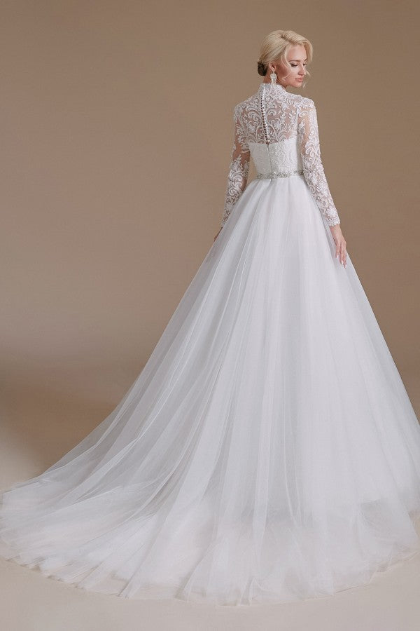 High Neck Long Sleeves Modest A-line Wedding Dress with Tulle Lace-BallBride