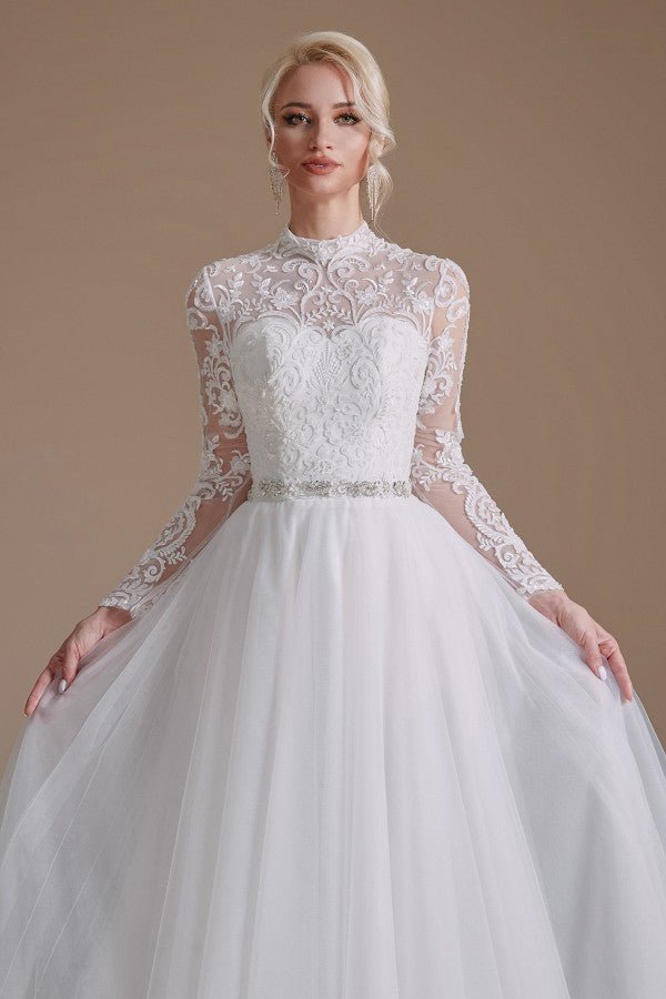 High Neck Long Sleeves Modest A-line Wedding Dress with Tulle Lace-BallBride