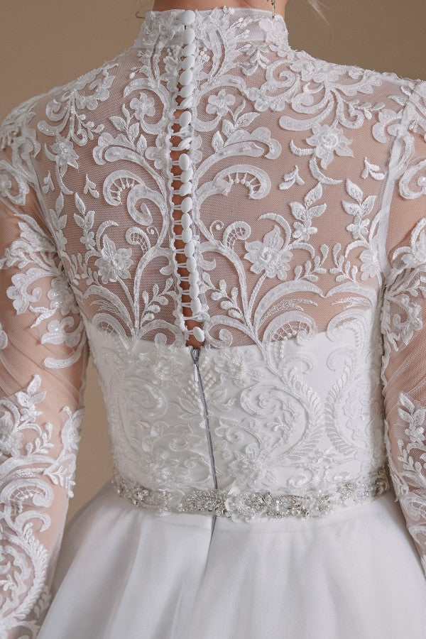 High Neck Long Sleeves Modest A-line Wedding Dress with Tulle Lace-BallBride