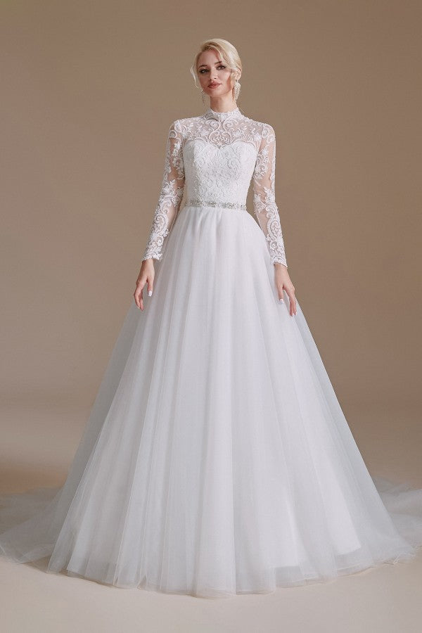 High Neck Long Sleeves Modest A-line Wedding Dress with Tulle Lace-BallBride