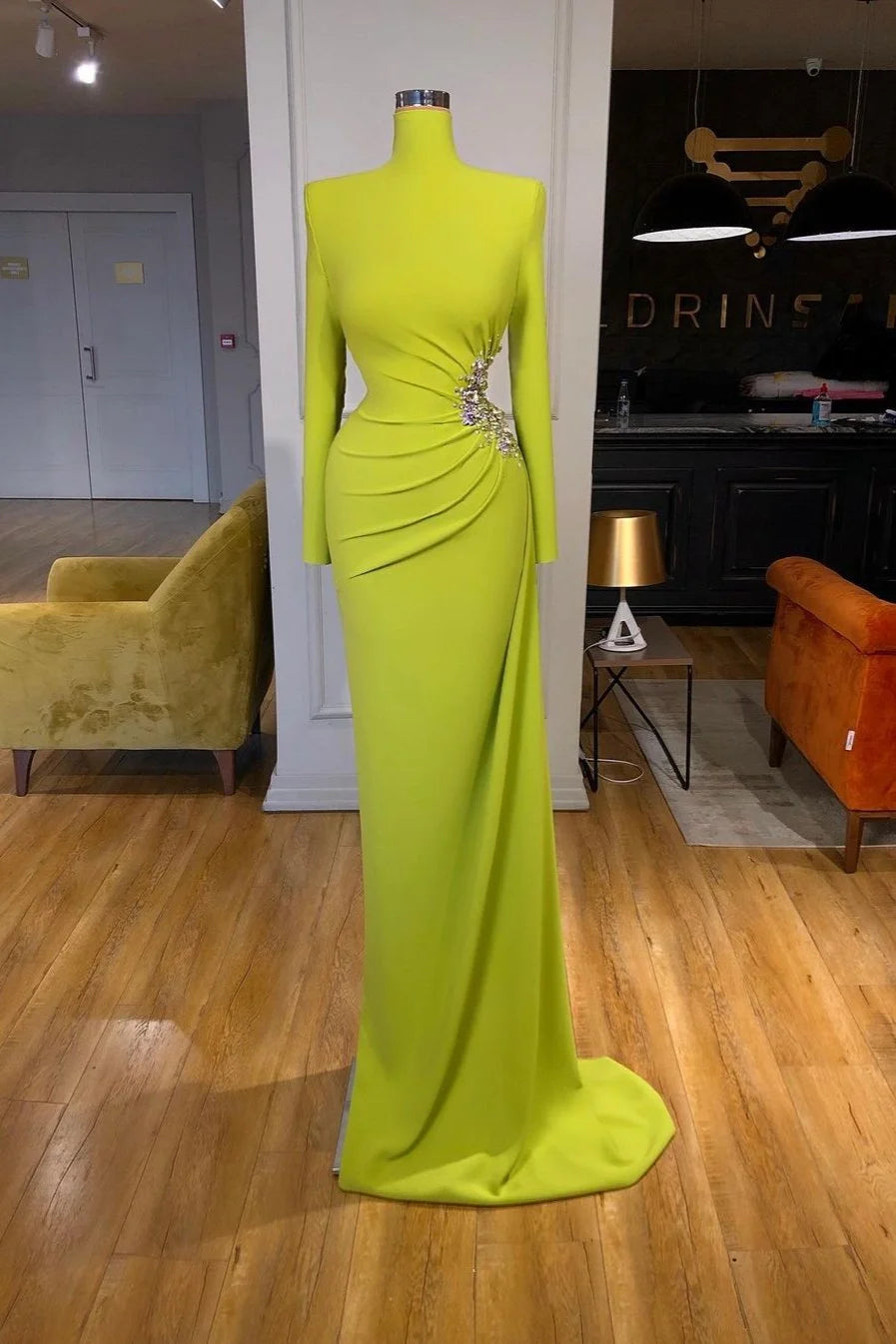 HIgh Neck Long Sleevess Prom Dress Long Mermaid Evening Gowns-BallBride