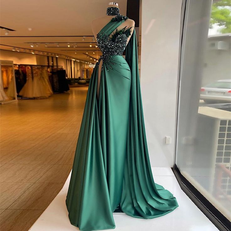 High Neck One Shoulder Mermaid Beaded Prom Dress with Fur and Rhinestones-BallBride