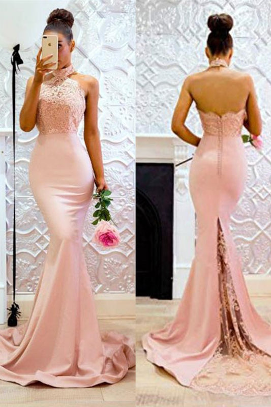 Hot High Neck Lace Prom Dress Mermaid-BallBride