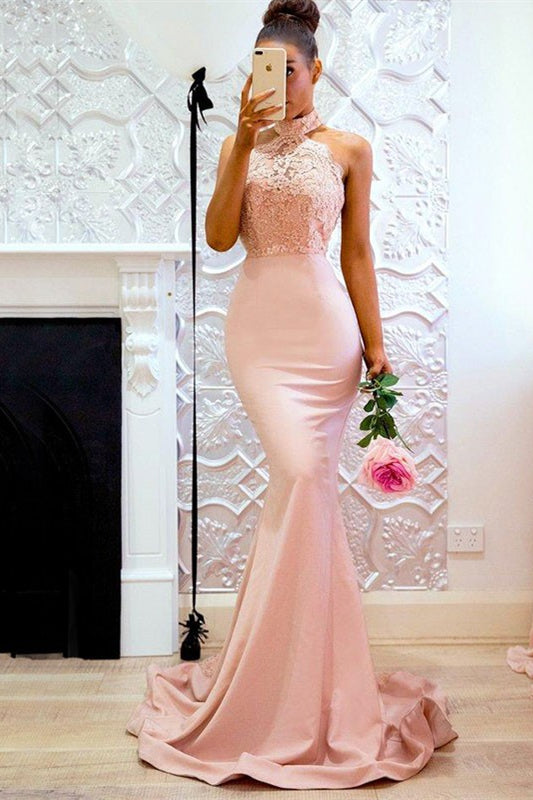 Hot High Neck Lace Prom Dress Mermaid-BallBride