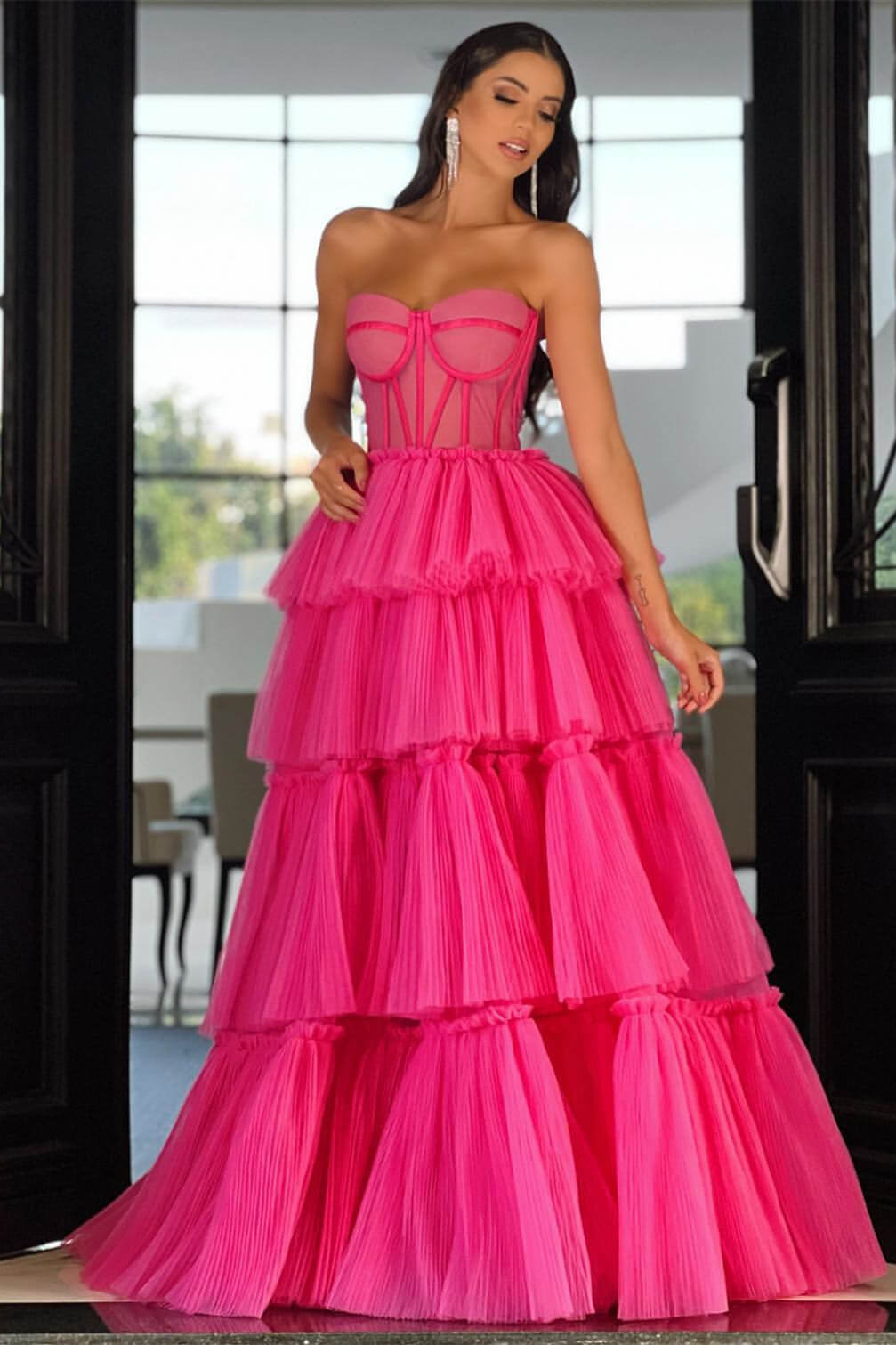 Hot Pink Elegant Sweetheart Prom Dress with Long Sleeves and Layers-BallBride