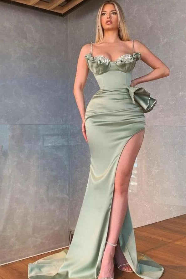 Hot Selling Dusty Sage Prom Dress with Spaghetti-Straps and Mermaid Long Side Slit Ruffles-BallBride
