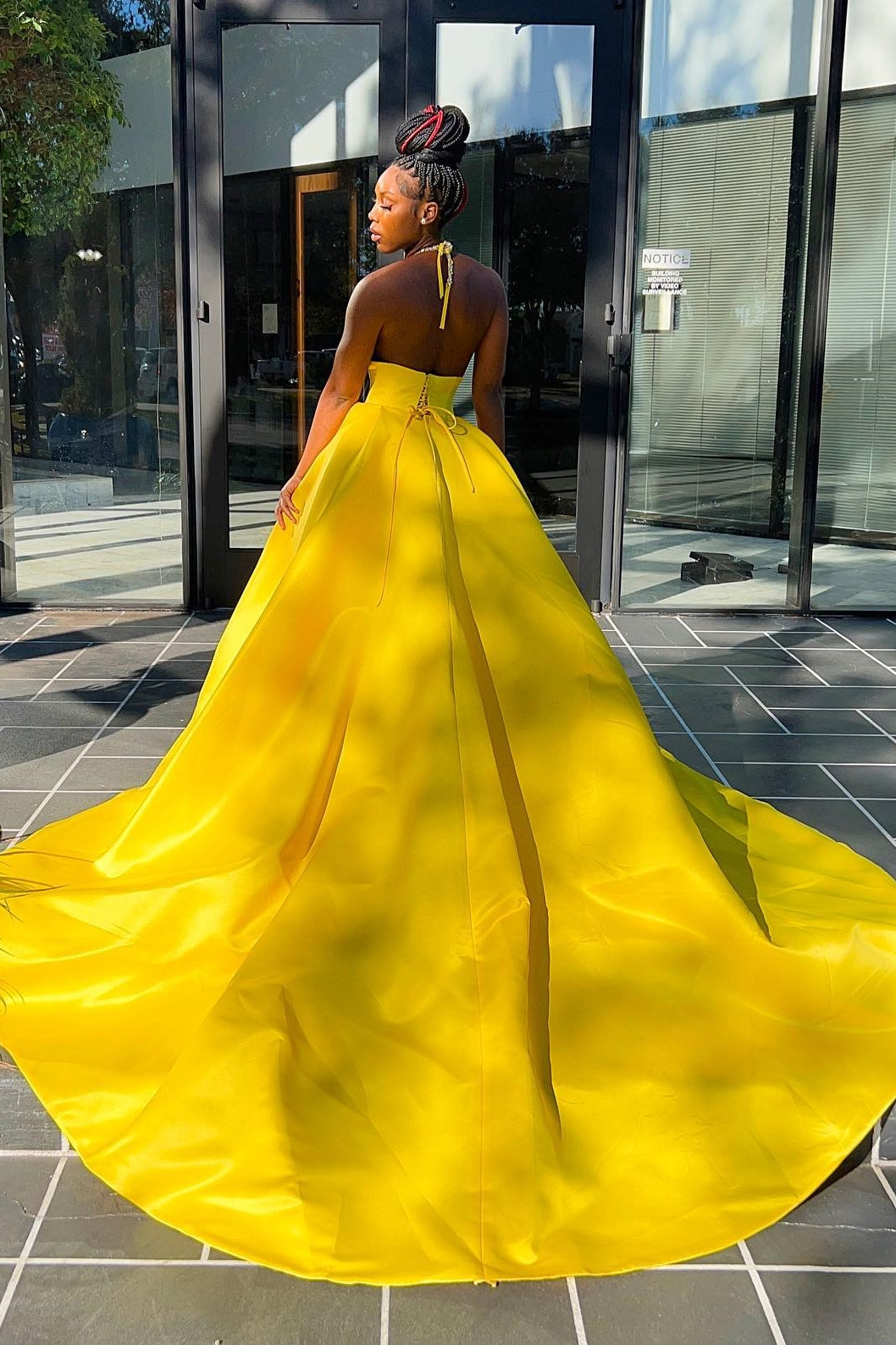 Hot Yellow Halter Open Back Beads Side Slit Ball Gown Prom Dress-BallBride