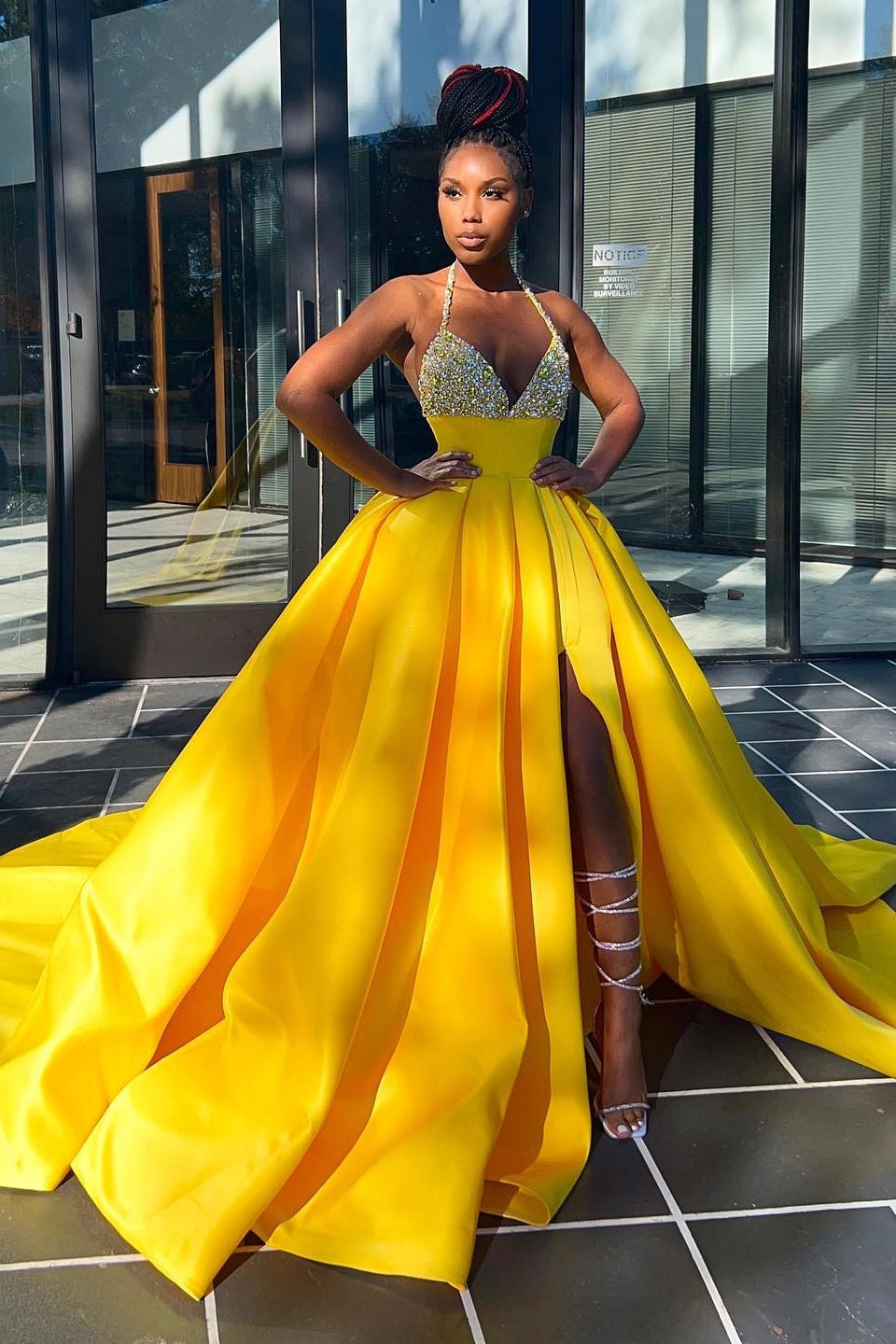 Hot Yellow Halter Open Back Beads Side Slit Ball Gown Prom Dress-BallBride