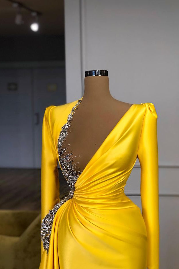Hot Yellow Long Sleeves Crystal Sheath Crystal Prom Dress-BallBride