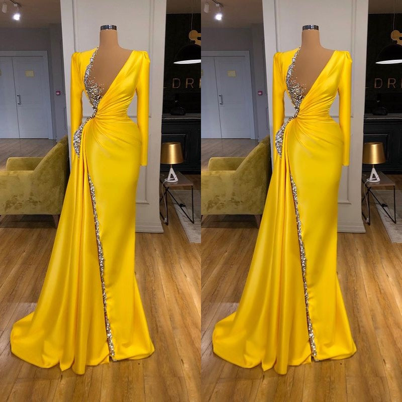 Hot Yellow Long Sleeves Crystal Sheath Crystal Prom Dress-BallBride
