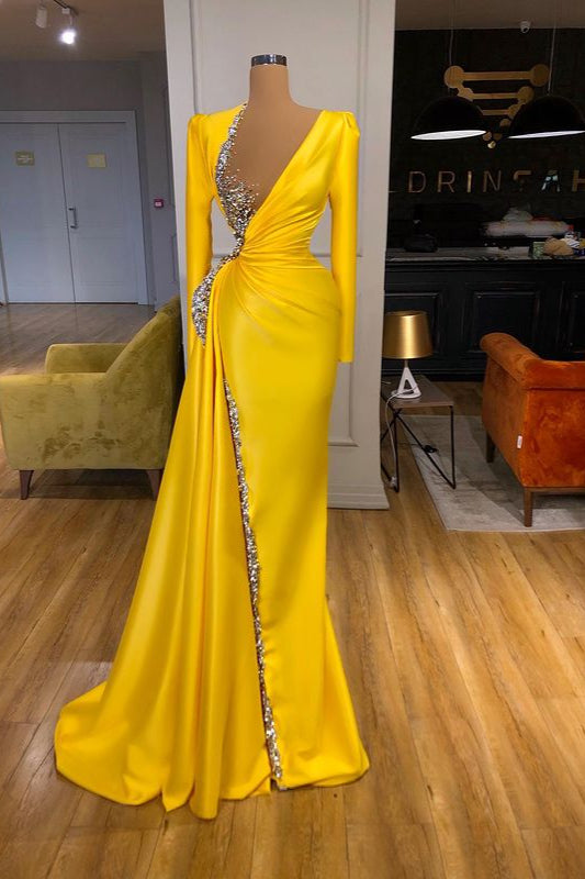 Hot Yellow Long Sleeves Crystal Sheath Crystal Prom Dress-BallBride