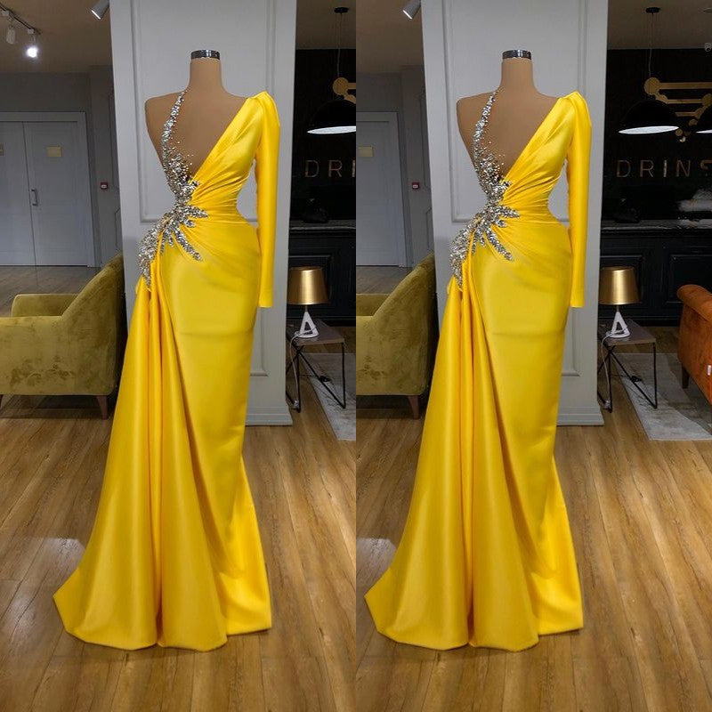 Hot Yellow Long Sleeves Ruffles Sheath Crystal Prom Dress-BallBride