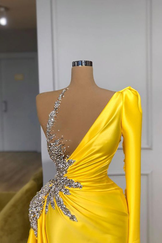 Hot Yellow Long Sleeves Ruffles Sheath Crystal Prom Dress-BallBride