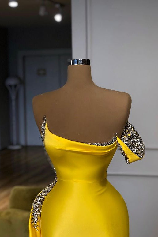 Hot Yellow Off Shoulder Sheath Crystal Prom Dress-BallBride