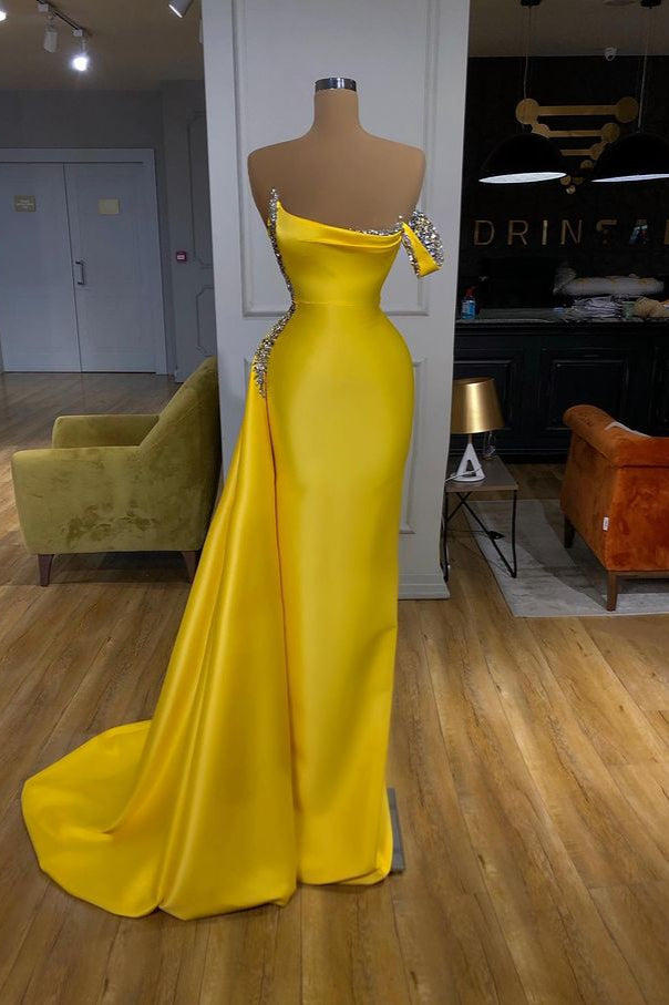 Hot Yellow Off Shoulder Sheath Crystal Prom Dress-BallBride