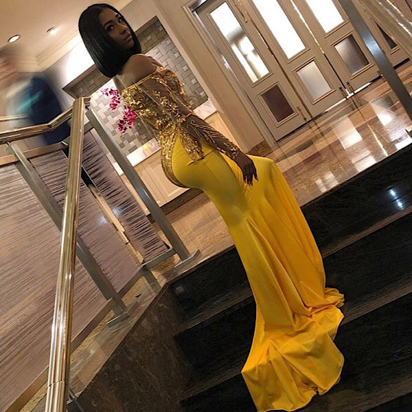 Hot Yellow Sequins Off Shoulder Mermaid Prom Dress-BallBride