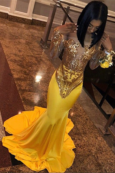 Hot Yellow Sequins Off Shoulder Mermaid Prom Dress-BallBride