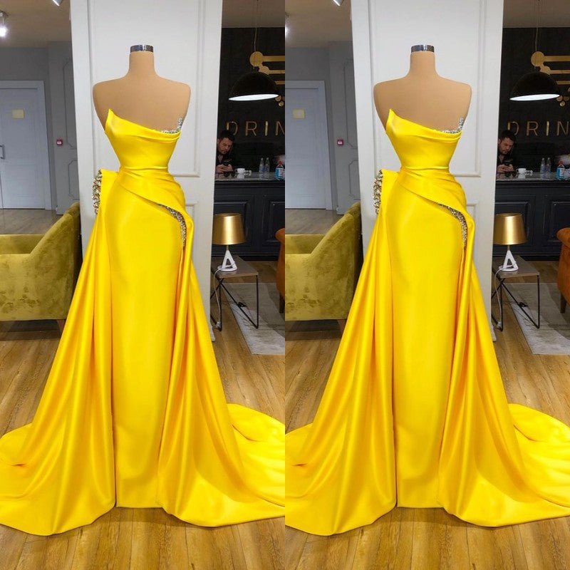Hot Yellow Strapless Sheath Crystal Prom Dress-BallBride