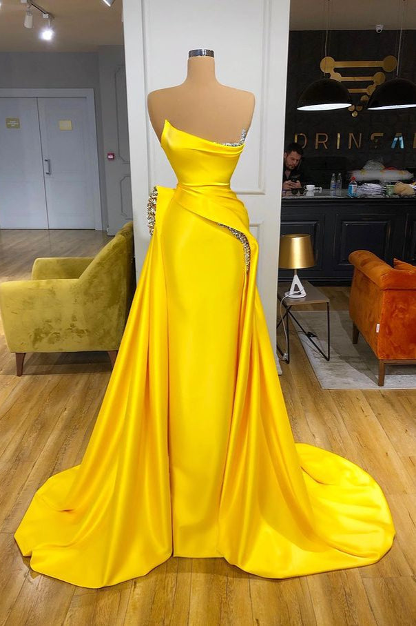 Hot Yellow Strapless Sheath Crystal Prom Dress-BallBride