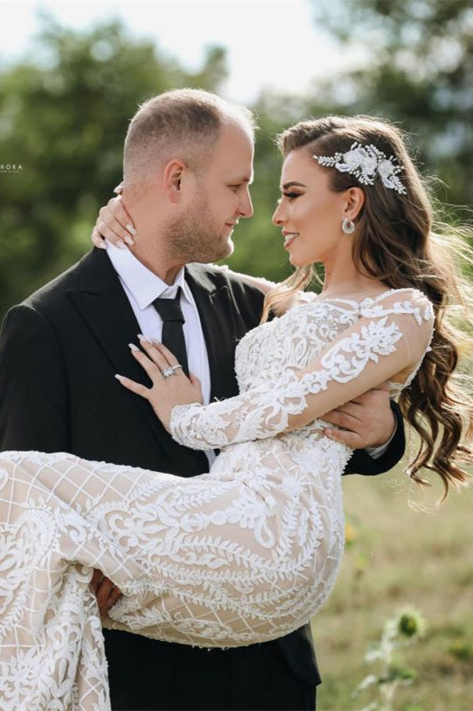 Illusion Long Sleeves Mermaid Lace Wedding Dress Online-BallBride