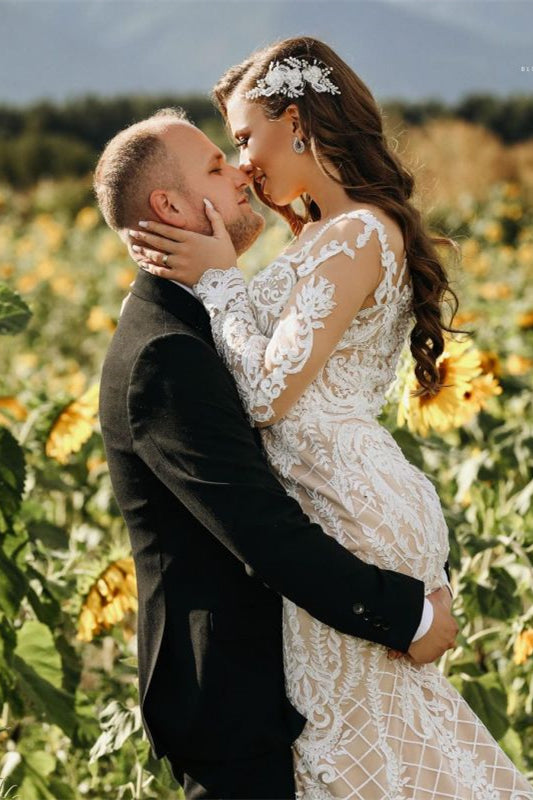 Illusion Long Sleeves Mermaid Lace Wedding Dress Online-BallBride