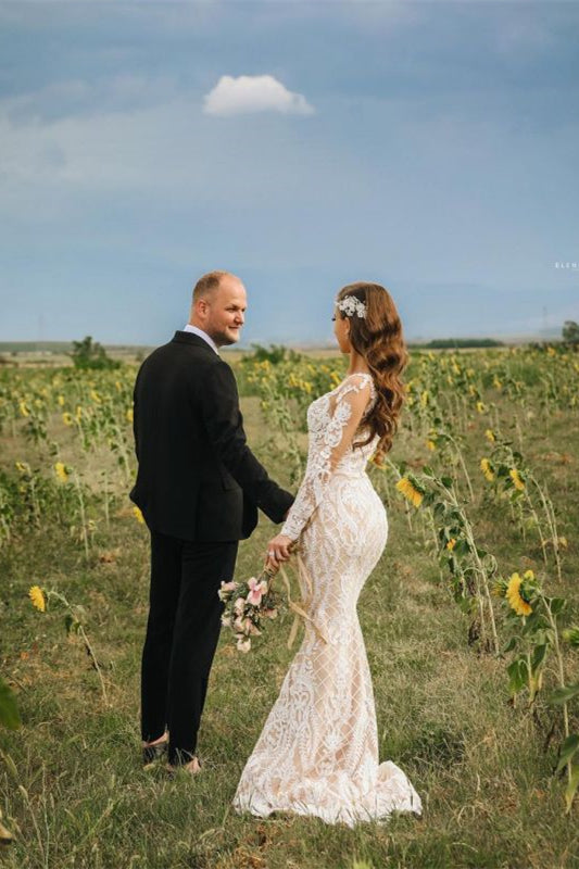Illusion Long Sleeves Mermaid Lace Wedding Dress Online-BallBride