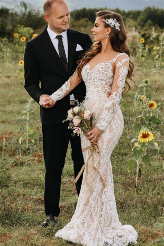 Illusion Long Sleeves Mermaid Lace Wedding Dress Online-BallBride