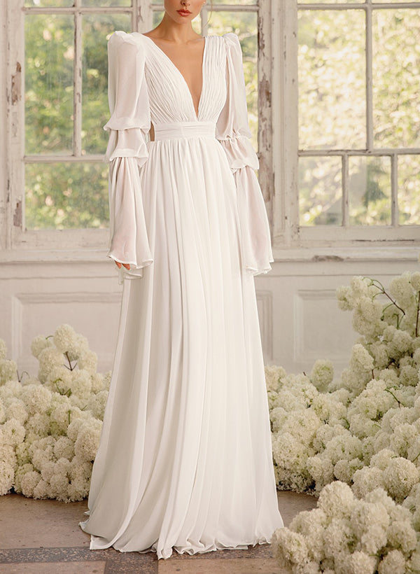 Illusion Neck Long Sleeves Chic A-line Chiffon Elegant Wedding Dresses Pleated-Ballbride