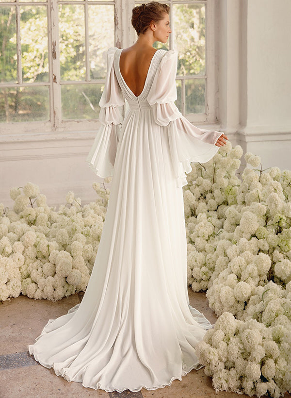 Illusion Neck Long Sleeves Chic A-line Chiffon Elegant Wedding Dresses Pleated-Ballbride