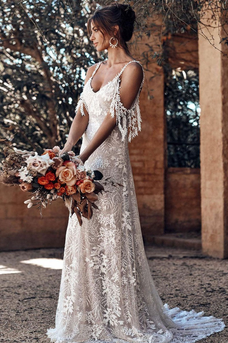 Ivory Lace Sexy Backless Wedding Dress With Train A-Line Sleeveless Chic V-Neck Bridal Gowns-BallBride