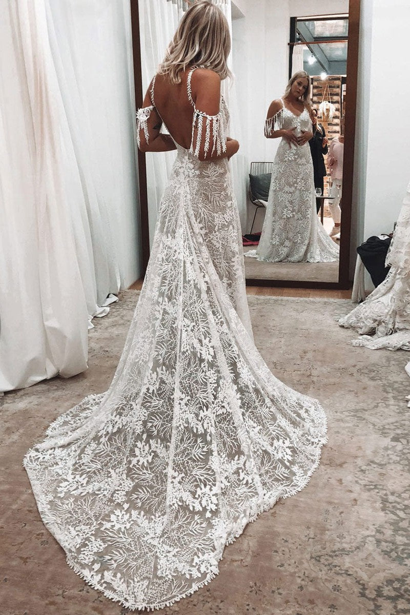 Ivory Lace Sexy Backless Wedding Dress With Train A-Line Sleeveless Chic V-Neck Bridal Gowns-BallBride