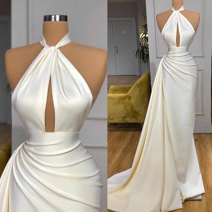 Ivory Long Evening Gowns for Mermaid Halter Prom Dress-BallBride