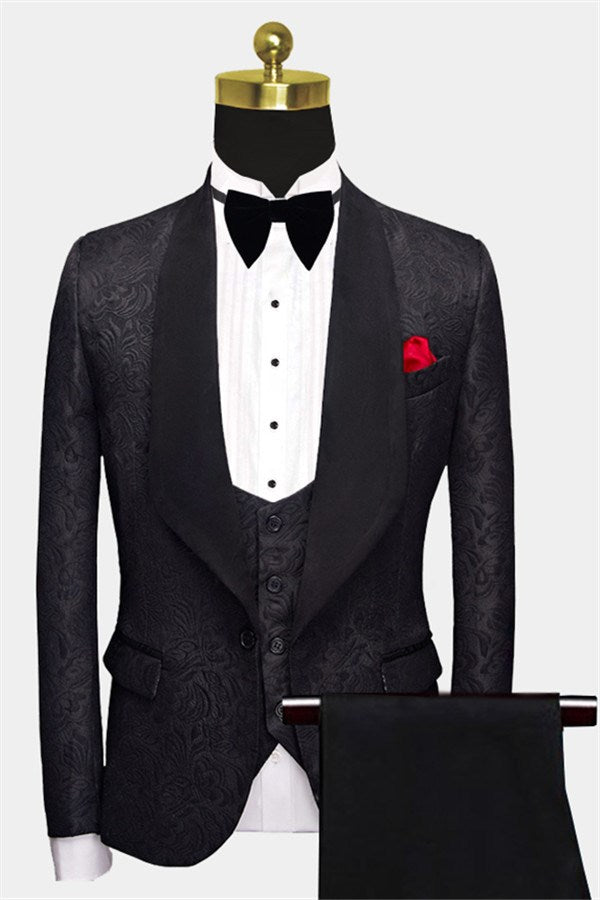 Jacquard Wedding Suits - Business Black Men's Three Pieces Formal Suits-BallBride