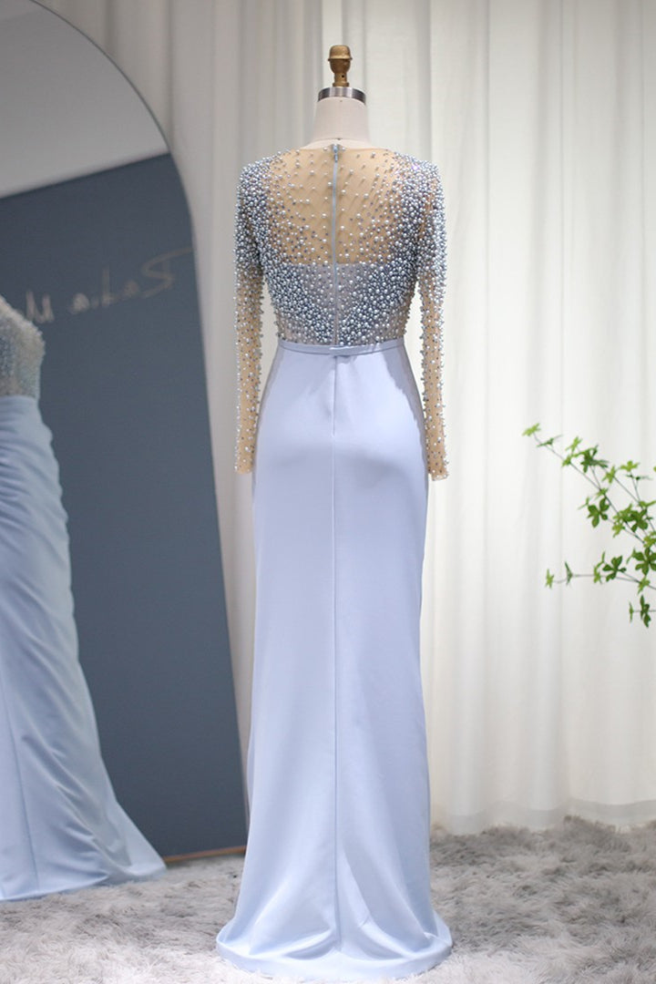 Jewel Neck Mermaid Prom Dress with Long Sleeves and Beaded Wrinkles-BallBride