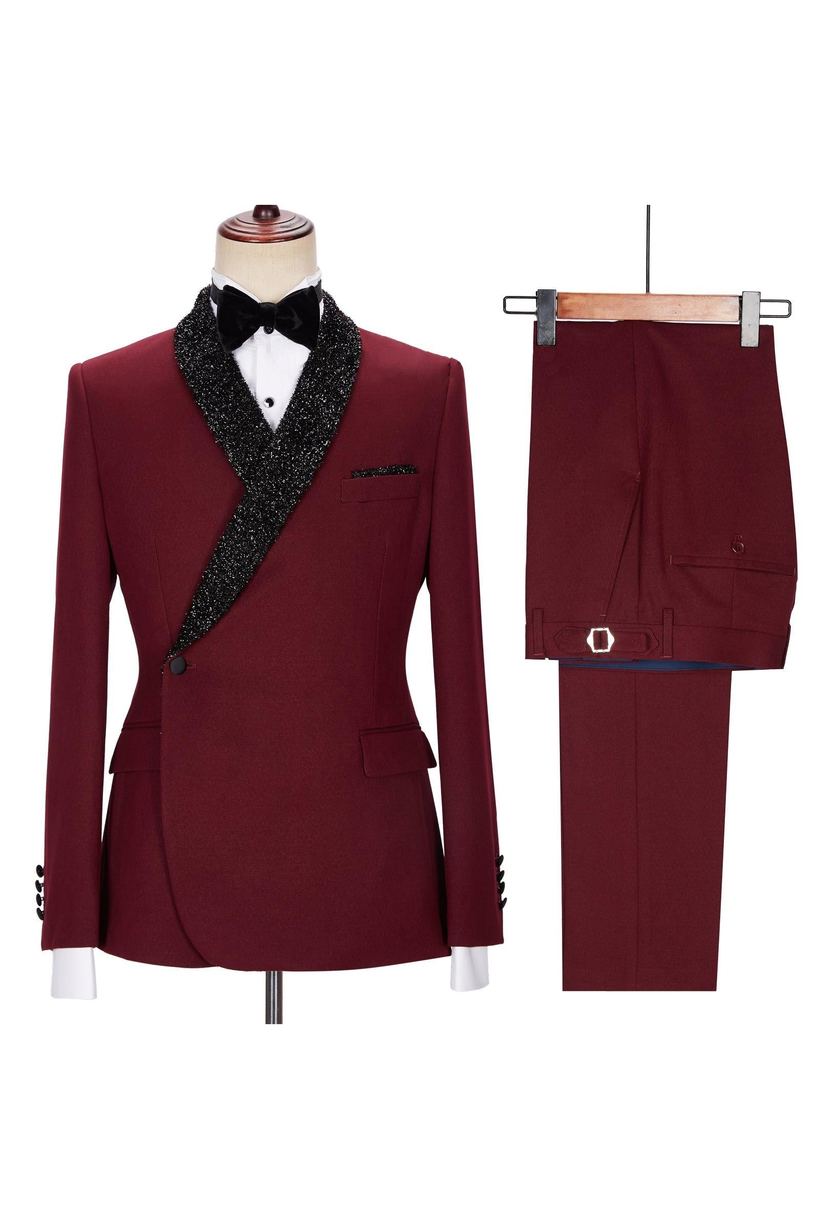 Jonathan Chic Burgundy Sparkle Shawl Lapel Two Pieces Men Suits-BallBride