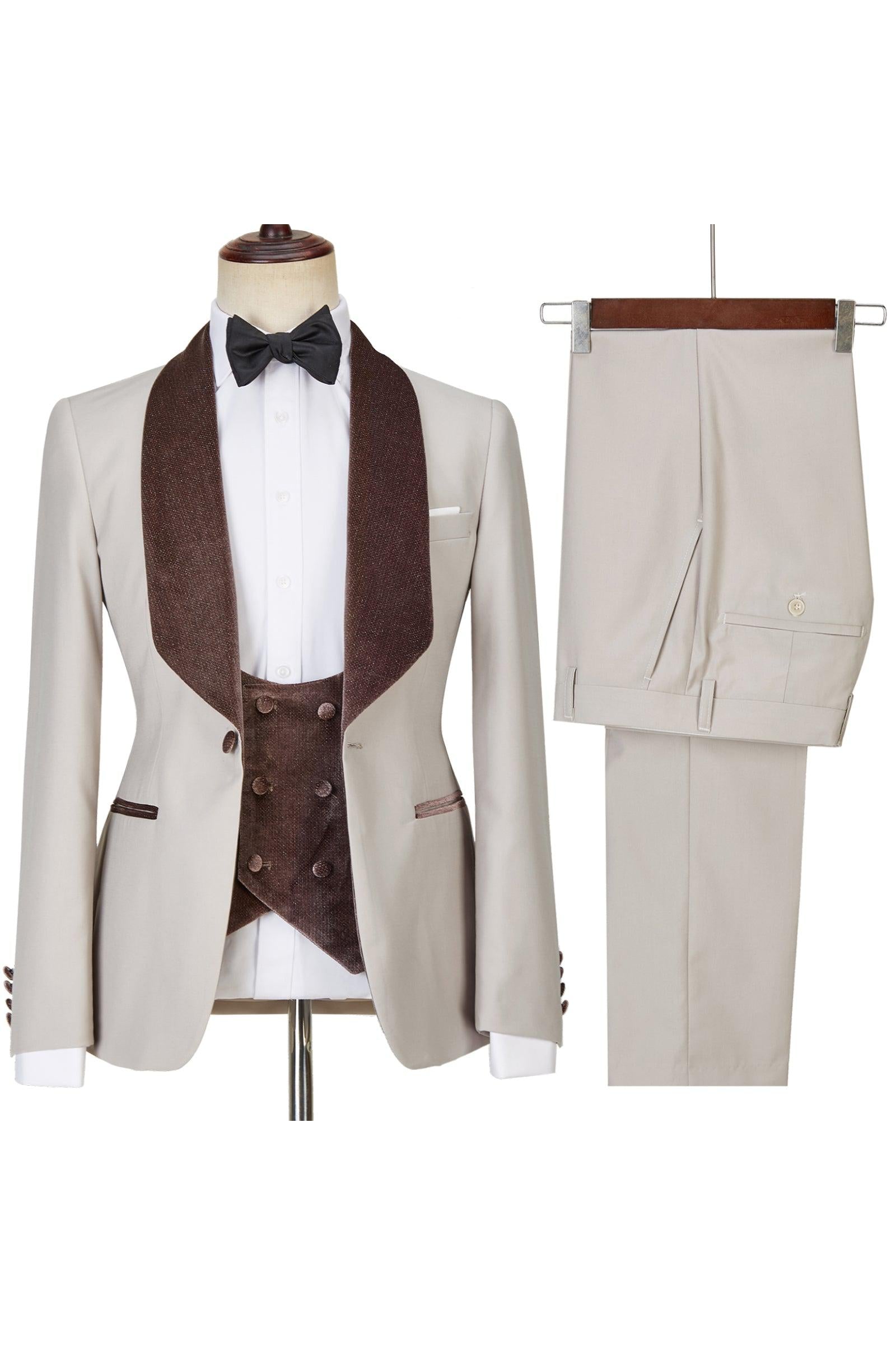 Joseph Fashion Light Champagne Shawl Lapel Shiny Slim Fit Three Pieces Men Suits-BallBride