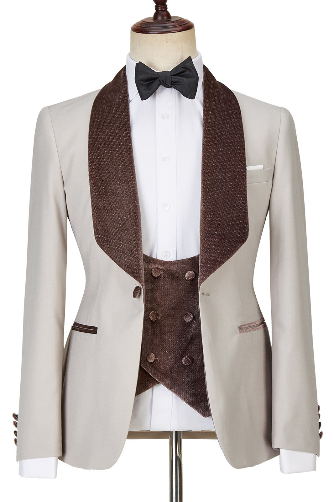 Joseph Fashion Light Champagne Shawl Lapel Shiny Slim Fit Three Pieces Men Suits-BallBride