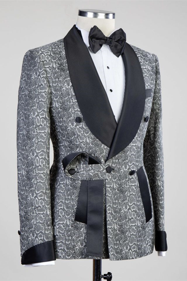 Khalil Gray Double Breasted Wedding Suit with Black Lapel-BallBride