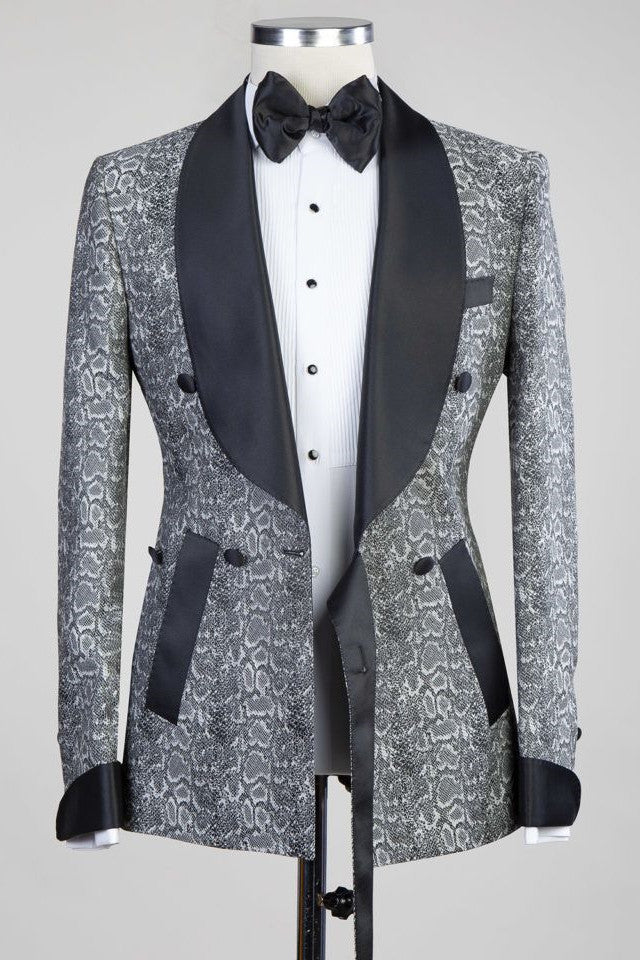 Khalil Gray Double Breasted Wedding Suit with Black Lapel-BallBride