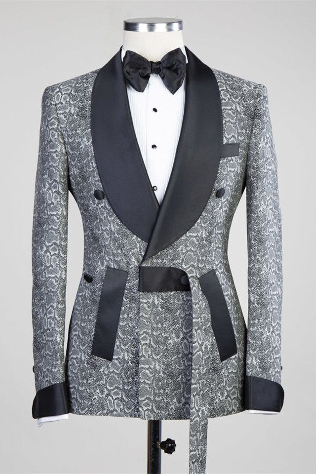 Khalil Gray Double Breasted Wedding Suit with Black Lapel-BallBride