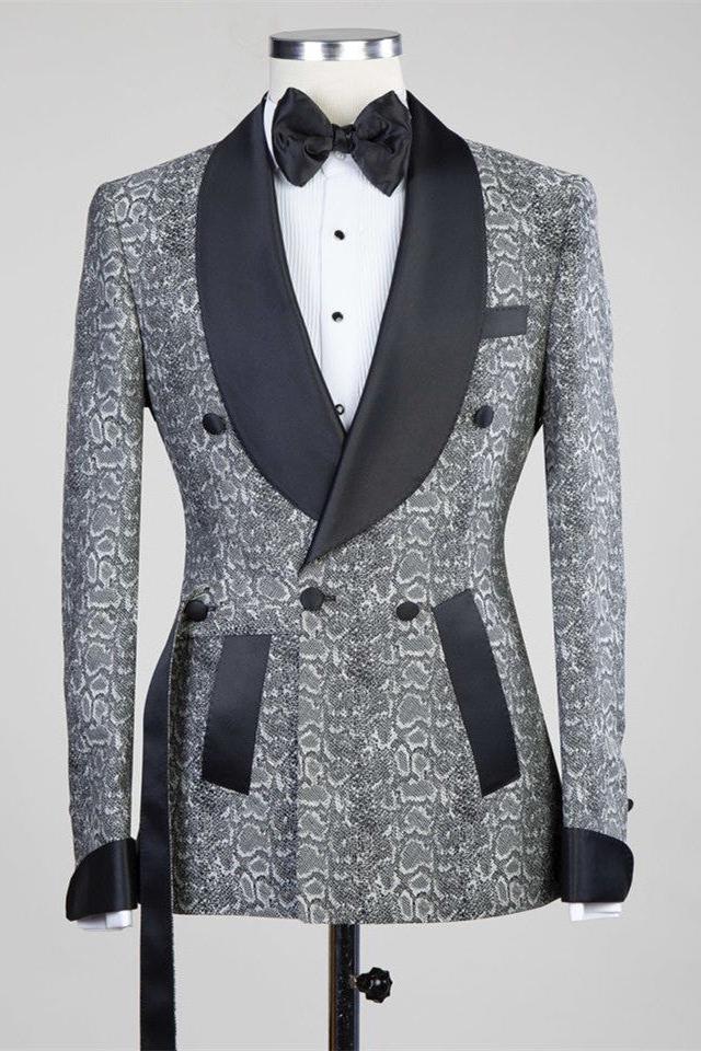 Khalil Gray Double Breasted Wedding Suit with Black Lapel-BallBride