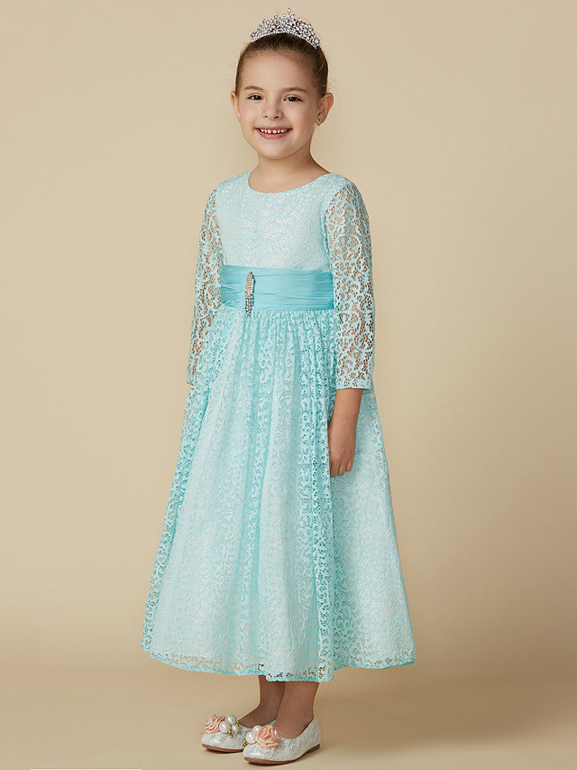 Lace 3/4 Length Sleeve A-Line Tea Length Party Dress with Sash Ribbon & Crystal Brooch-BallBride