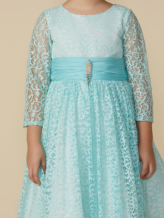Lace 3/4 Length Sleeve A-Line Tea Length Party Dress with Sash Ribbon & Crystal Brooch-BallBride