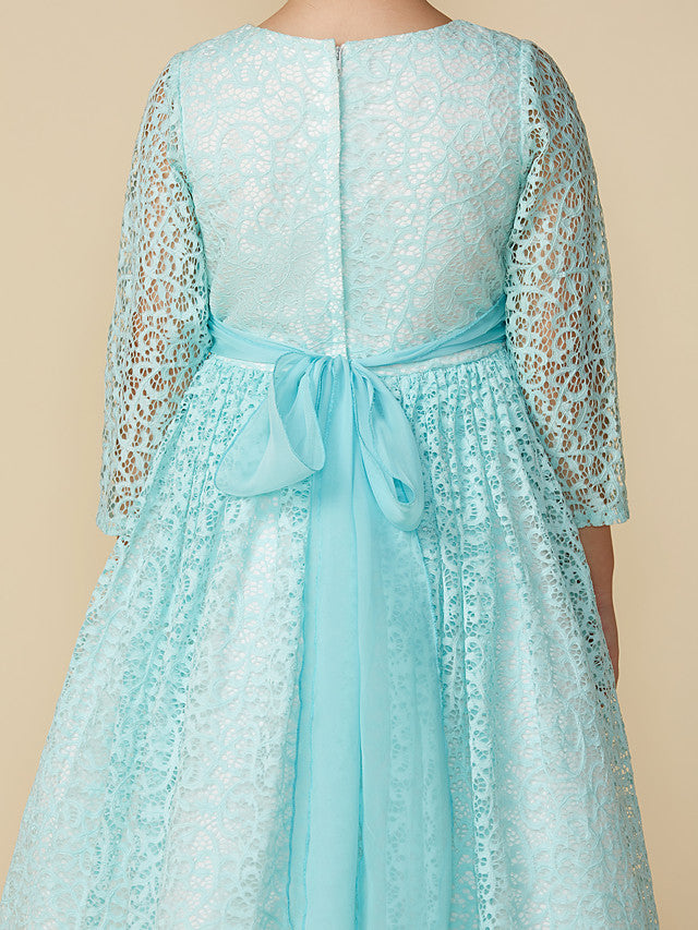 Lace 3/4 Length Sleeve A-Line Tea Length Party Dress with Sash Ribbon & Crystal Brooch-BallBride